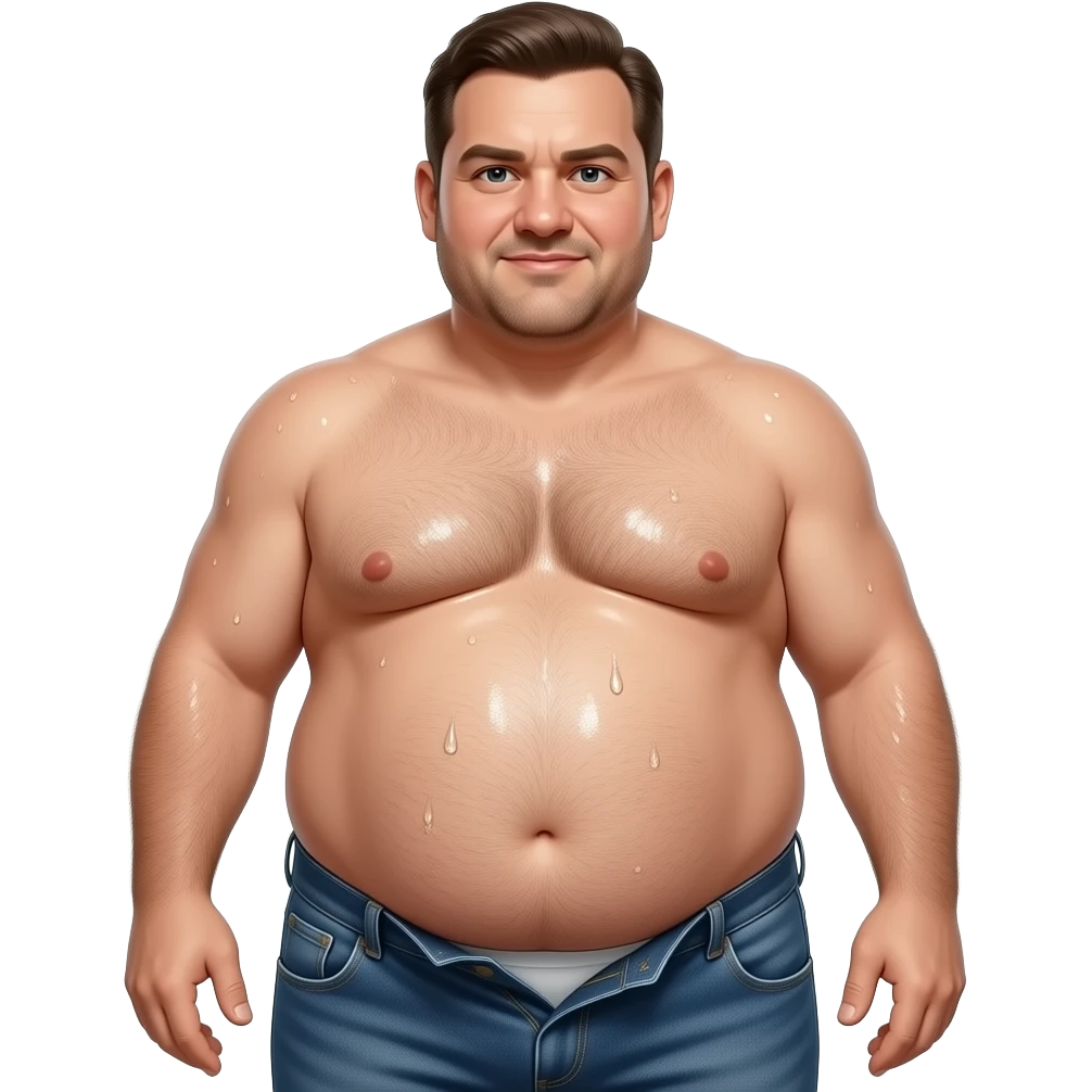 Nahaufnahme eines fetten behaarten Mannes der nur eine offene Jeans trägt. Seine Haut ist ölig glänzen und sein dicker Bauch hängt ihm über die offen Jeans raus emoji