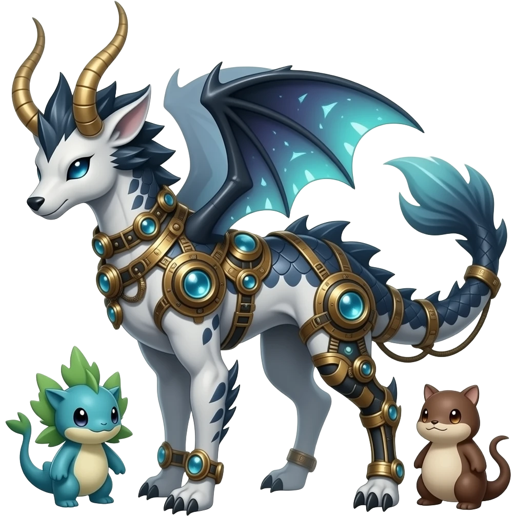 shiny glossy smooth finned frilled gothic tall slim unique original shiny edgy cool steampunk-cyberpunk-solarpunk-fantasy-Absol-Sprigatito-Vaporeon-Manectric-Mudkip-Fakémon-hybrid emoji