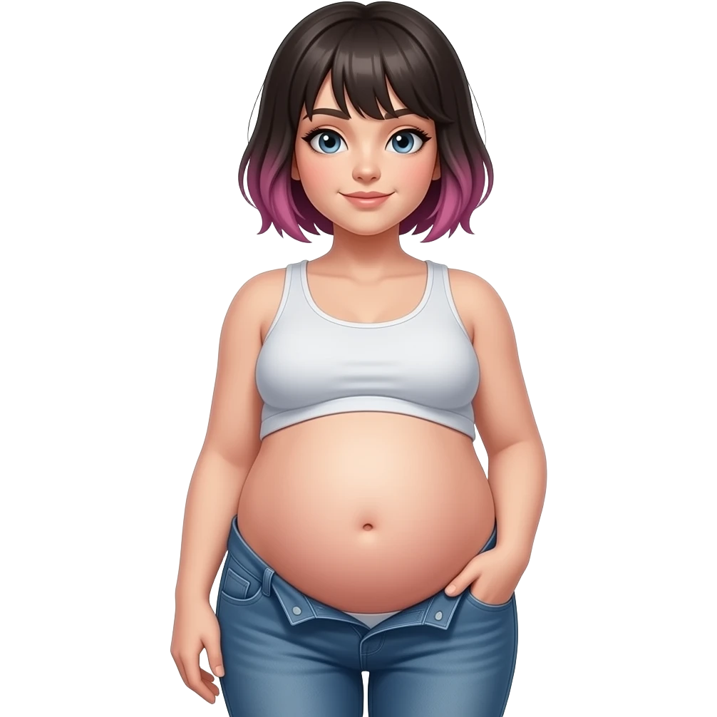 A girl with a semi pixie emo hairstyle,wears a crop top and a unbuttoned pants,stocky robust build,she always looks constantly well fed & pregnant like,her tummy is big & round,heavy in the belly,she is stuffed silly,her bellybutton is deep hollow innie like a tiny void. emoji