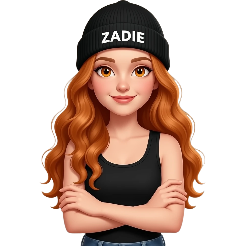 sexy girl with overlong wavy ginger hair and ginger eyes wearing a black tanktop and a black beanie with ZADIE written on it,  is crossing her arms emoji