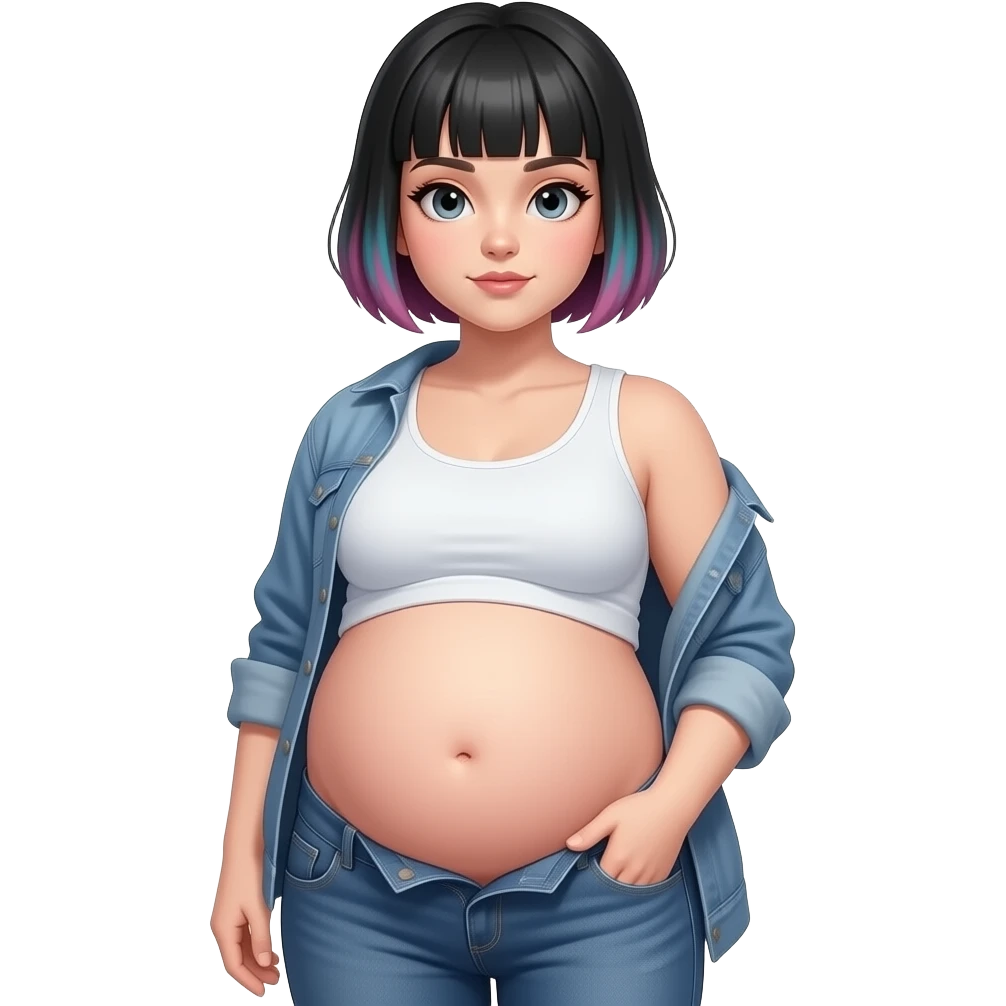 A girl with a semi pixie emo hairstyle,wears a crop top and a unbuttoned pants,stocky robust build,she always looks constantly well fed & pregnant like,her tummy is big & round,heavy in the belly,she is stuffed silly,her bellybutton is deep hollow innie like a tiny void. emoji