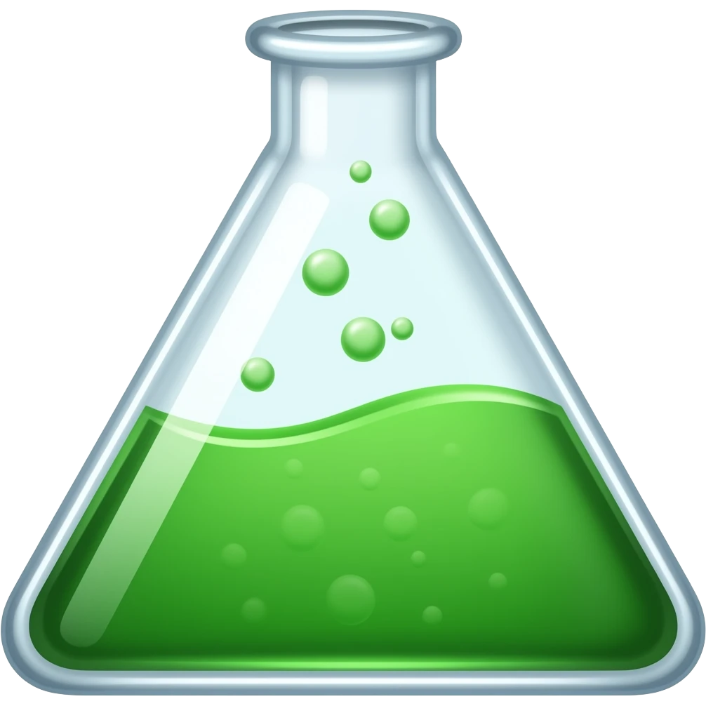 The flask for analysis is green liquid, triangular in shape (inside the liquid is wavy with bubbles) emoji