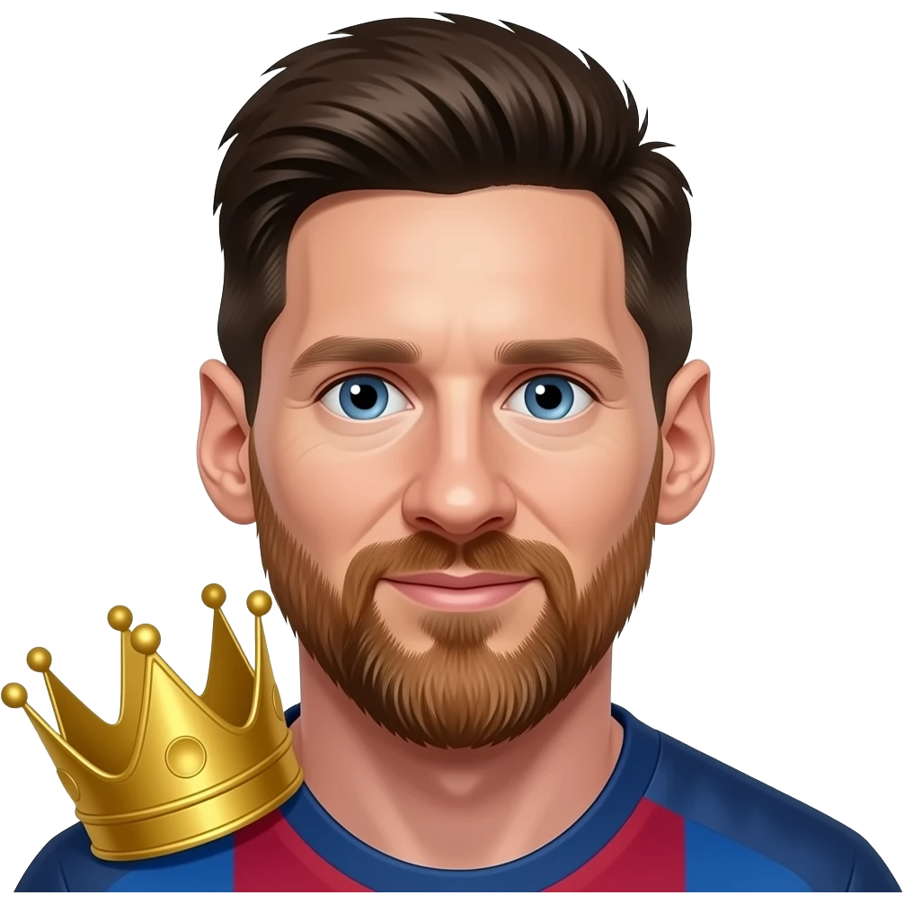Messi-inspired 3D emoji, same natural face, 1 large gold crown in lower-left corner, face uncovered. emoji