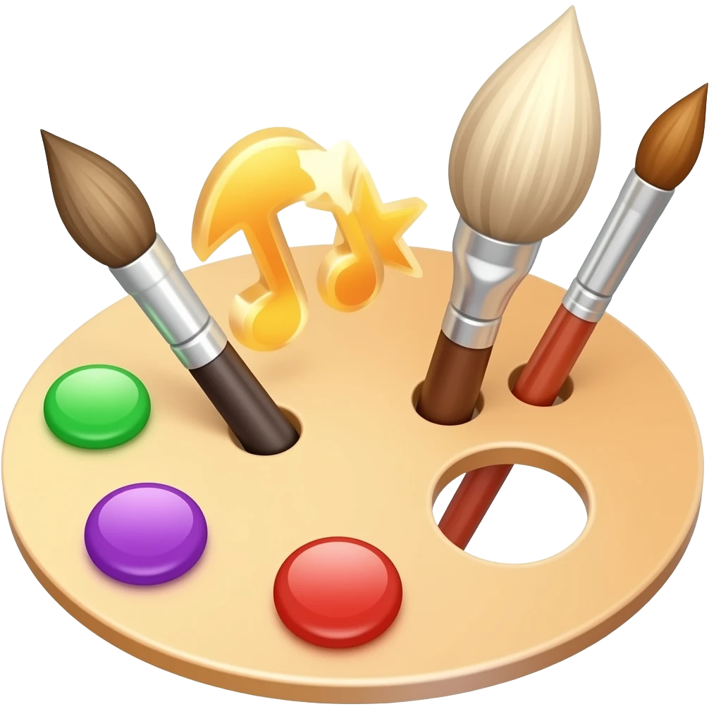 Палитра художника с кистями с музыкальной нотой и маленькой звездой emoji
