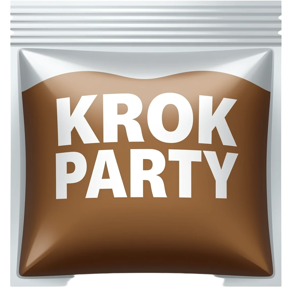 A drug baggy with the words 'KROK PARTY' written on it, make the contents of the bag brown and the writing on the baggy white emoji