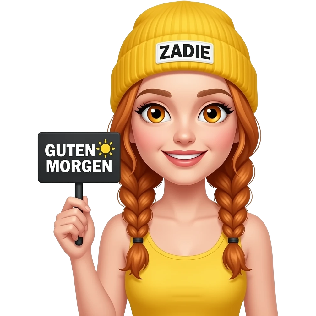 sexy girl with overlong ginger braids and ginger eyes wearing a yellow tanktop and a yellow beanie with ZADIE written on it, is holding a black sign with GUTEN MORGEN  🌞 written on it emoji