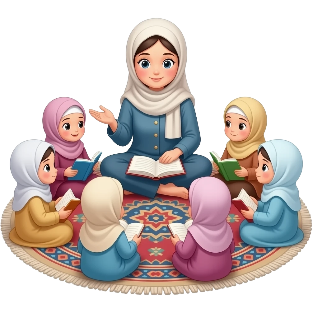 one women is sitting with children in islam and teaching them manners a feamale nit a male kids should be little girls with hijab vary faces book in hand sitting on carpet sitting in circle emoji