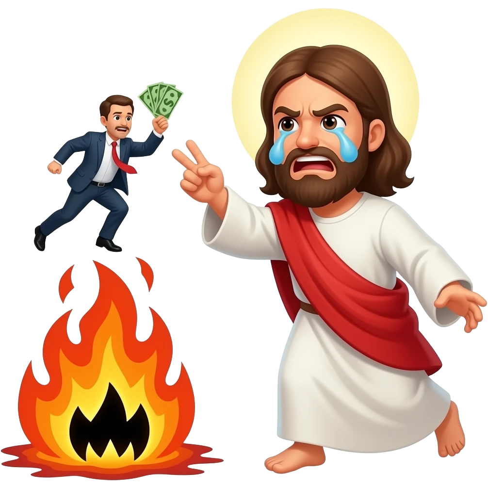 Angry Jesus throwing a greedy crying ceo into hell emoji