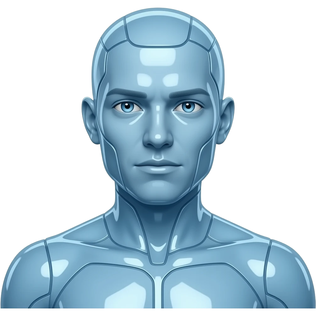 Erstelle eine sexy männliche Science-Fiction AI mit durchsichtigen blauen und glänzender Plastik artigen Haut, das Gesicht und Körper, er hat keine Augenbrauen und keine hate, und seine Augen leichte auch blau emoji