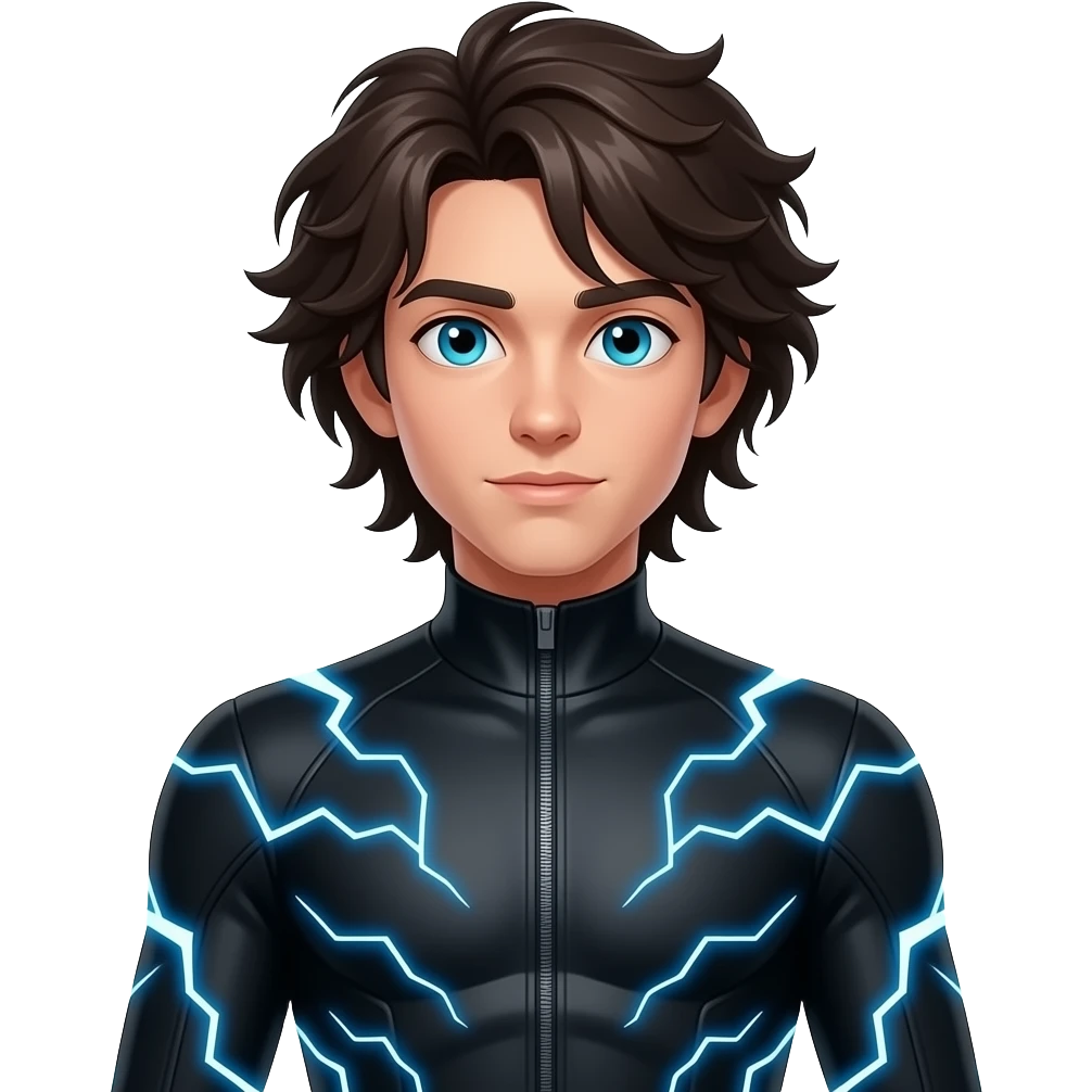 young male with long, messy dark brown hair, glowing cyan blue eyes, wearing a black body suit, with a blue electrical current surrounding his body - full body emoji emoji