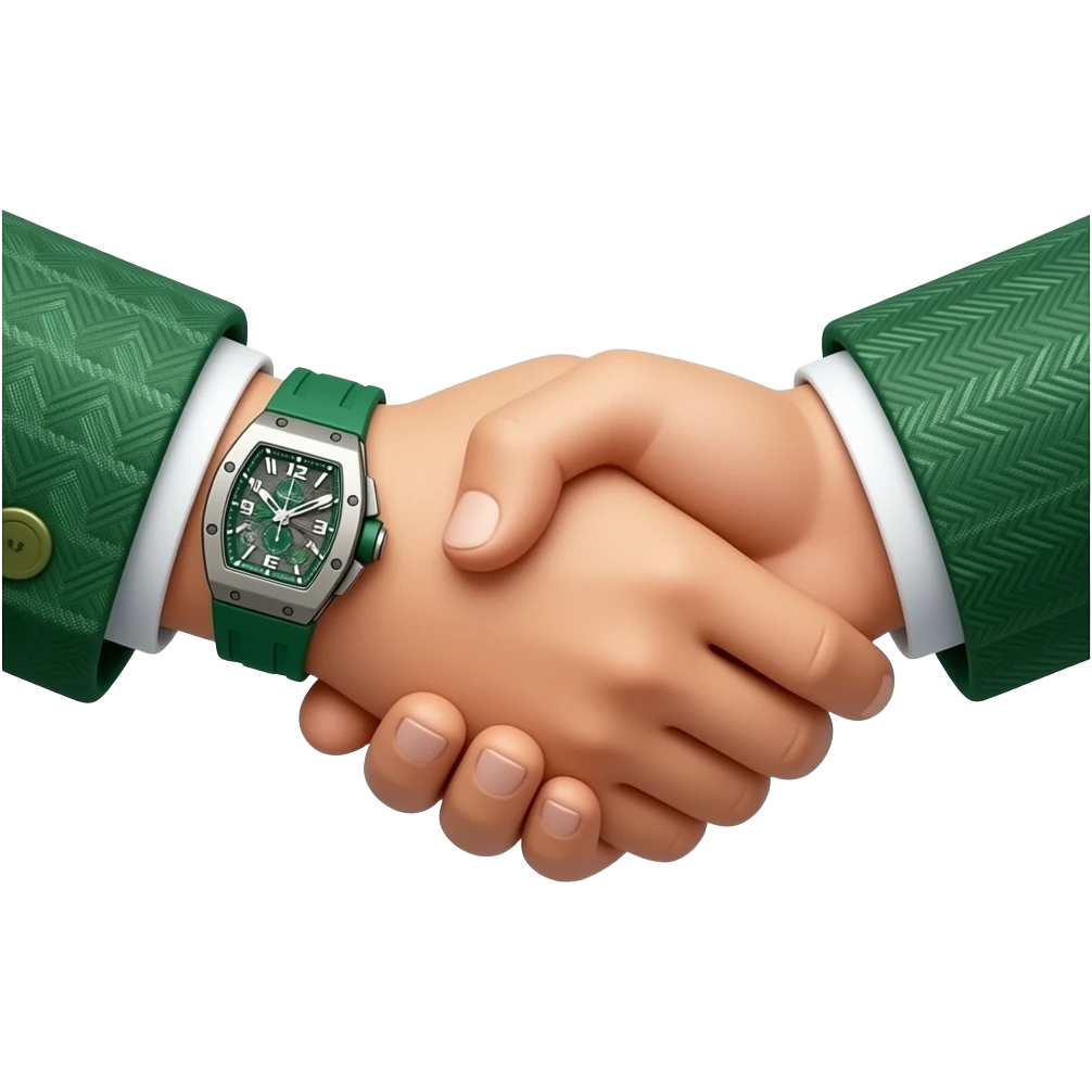 create me hand shake where one of two hands have green richard mille watch on hand, and this hand with watch is on left side, both hands have green suit on. isolated and centered with padding on both sides to avoid cropping. Give a lot of details to this suits sleeves, same on watch 4k details emoji
