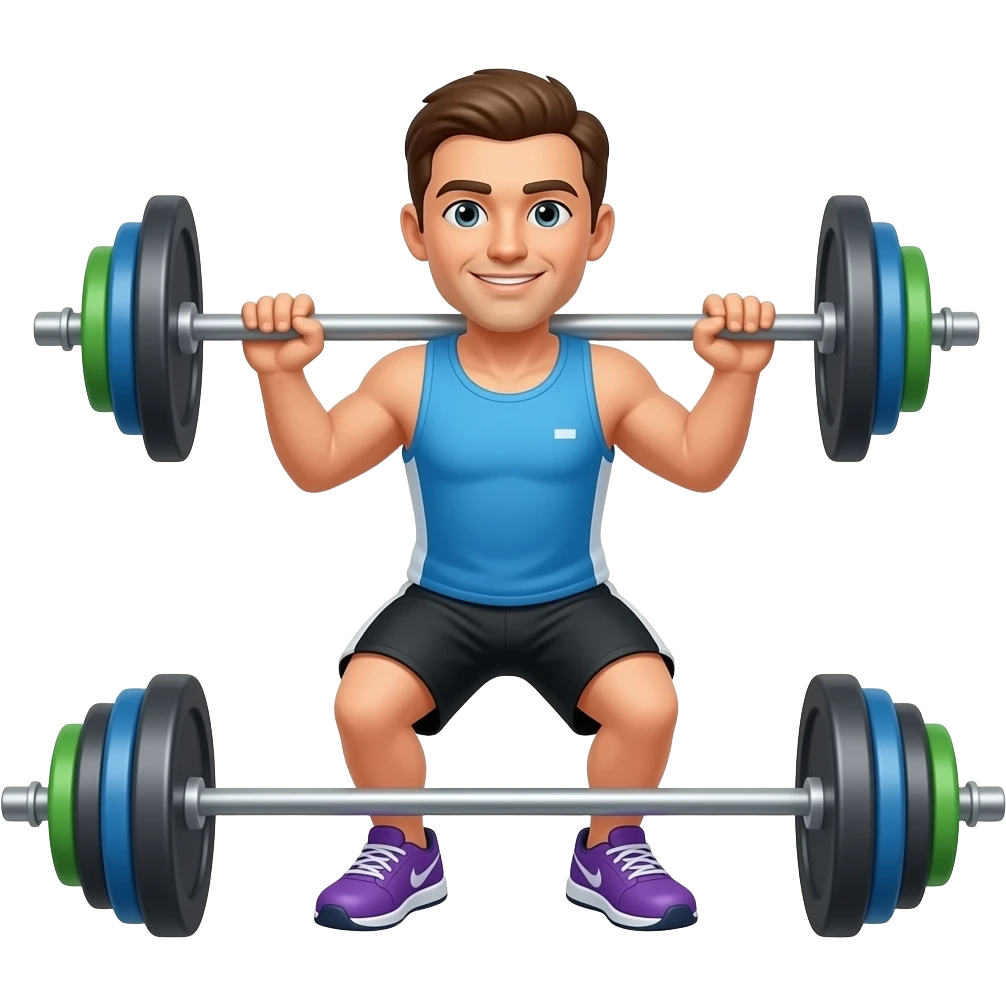 این کاراکتر با لباس ورزشی و کفش بنفش و شلوارک مشکی در حال انجام حرکت Barbell Row emoji