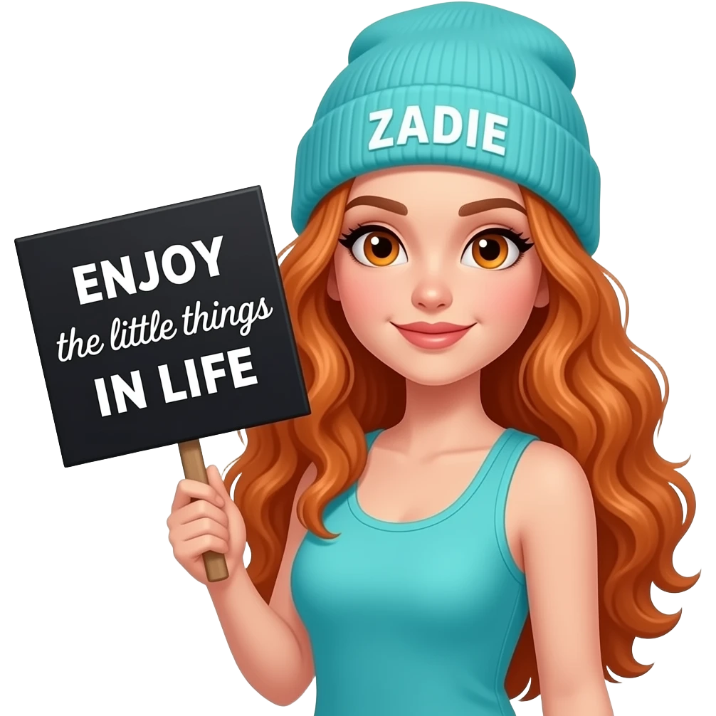 sexy girl with overlong wavy ginger hair and ginger eyes wearing a turquoise tanktop and a turquoise beanie with ZADIE written on it, is holding a black sign with ENJOY the little things IN LIFE written on it emoji