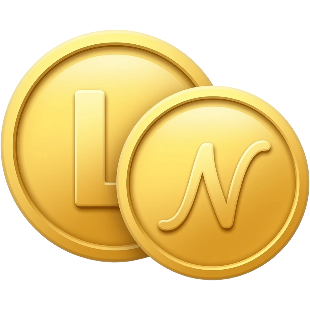 2 gold coins one with the letter "L" and the other with the letter "N" written in cursive letters side by side not touching emoji
