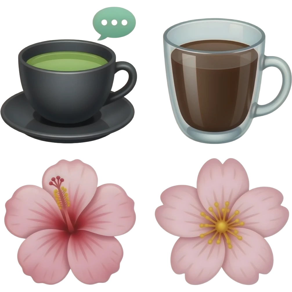 Сгенерируй эмодзи в стиле как на телеграмм. Эмодзи: 🍵☕💬💗🐑🌺🌸
Цвета: первый - кружка чёрная чай зеленый. Второй - прозрачный стакан, кофе черный.
Третий- цвет шалтфей, три точки молочные.
Четвертый- грязно розовый
Овечка - поросячий розовый
Пятый - тот же самый
Шестой - молочный цветочки emoji