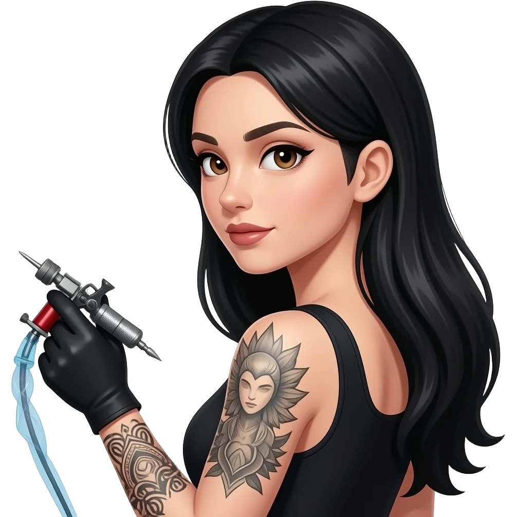 woman with dark brown eyes very long black hair with half a sleeve holding a tattoo machine facing back no glove get rid of the bangs emoji