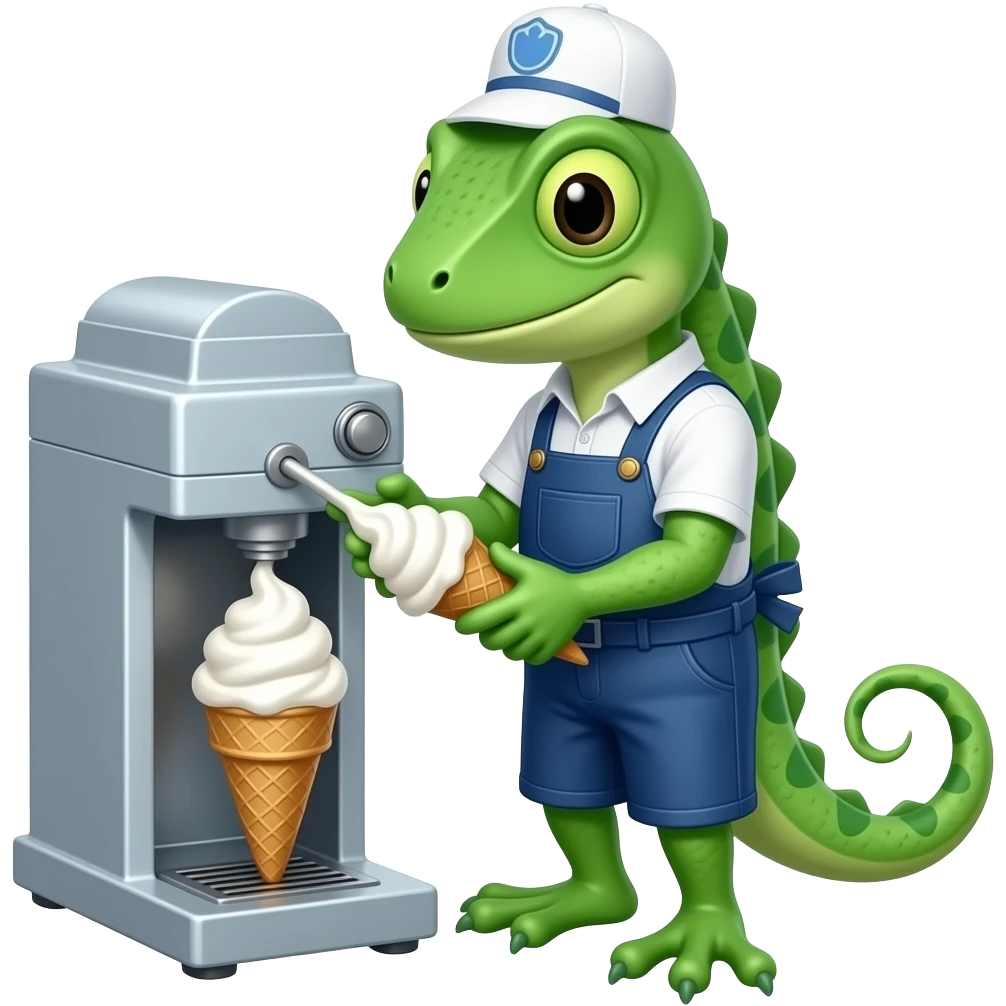iguana ice cream maker wearing uniform using ice cream machine making ...