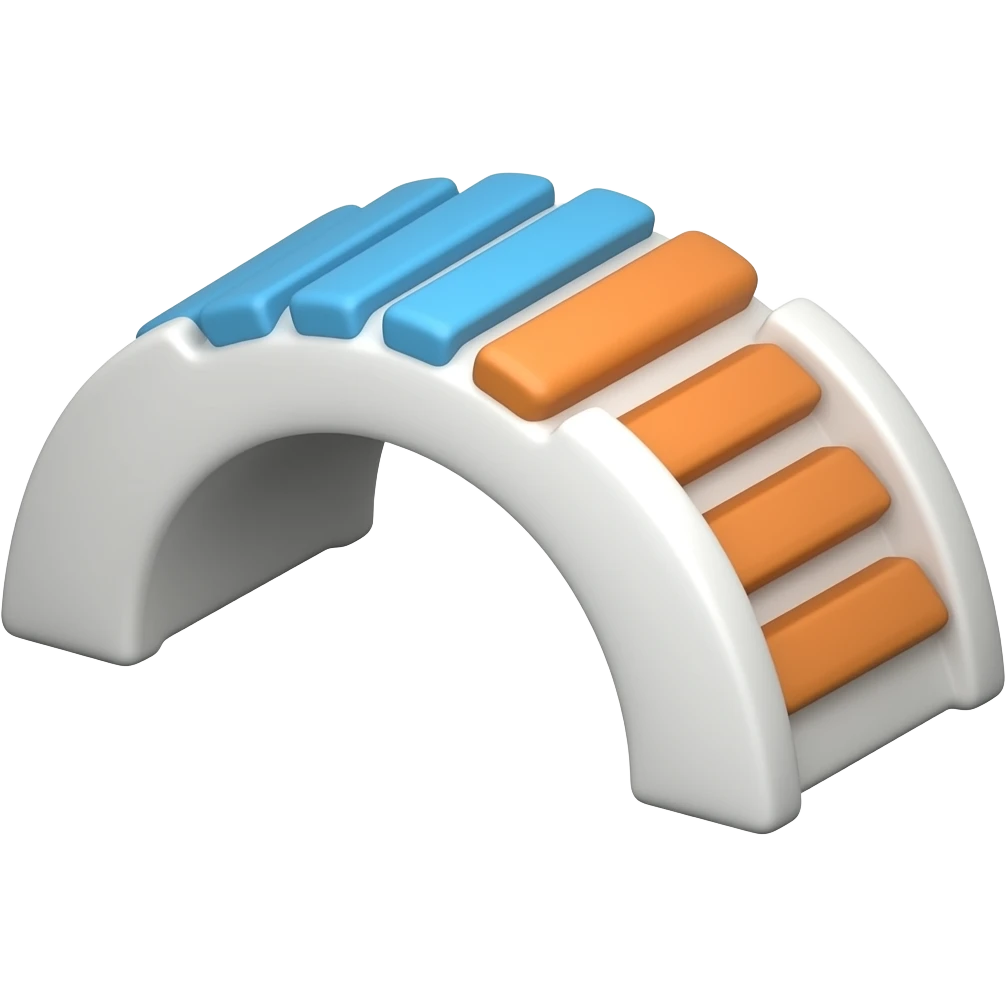 Create a cute 3D emoji icon of a small curved pet climbing arch toy. It has two simple white arched side panels and flat blue-orange slats across the top like a rainbow bridge. Low height, no stairs, no railings, no posts, no slide. Empty toy only, no animal, transparent background, no text. emoji