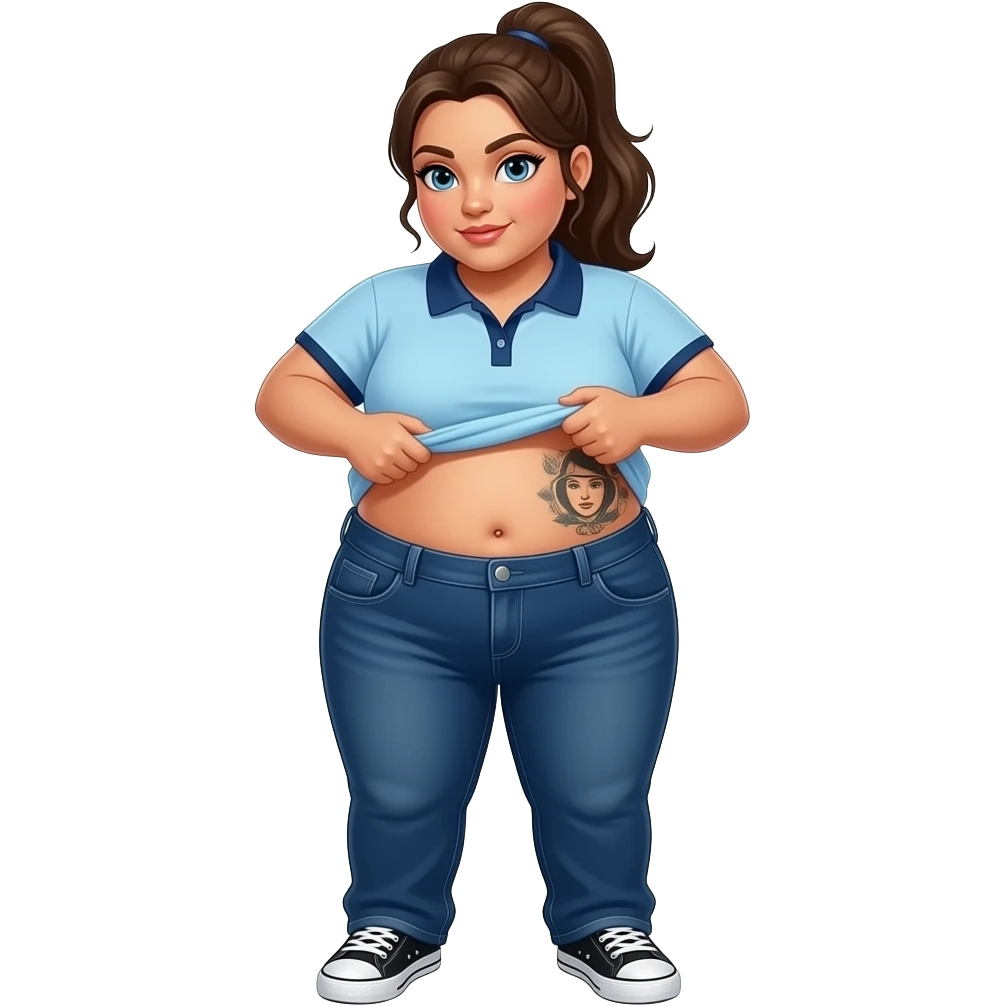 Obese Hispanic woman with brown ponytail and blue eyes light blue dark blue lined polo and dark blue baggy jeans and belly button and black and white sneakers lifting her shirt belly tattoo on front emoji