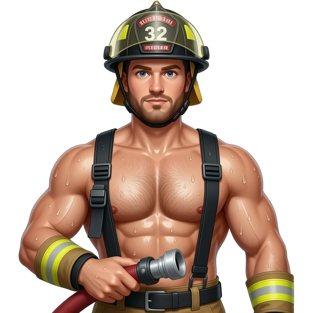Erstelle ein Portrait von einem muskulösen Oberkörper freien nassen Feuerwehrmann mit Helm, er hat eine behaarte Brust und Bart, seine Brust soll gut mit auf dem Bild zusehen sein und nass glänzen.  Er hat ein Feuerwehr Schlauch in der Hand emoji