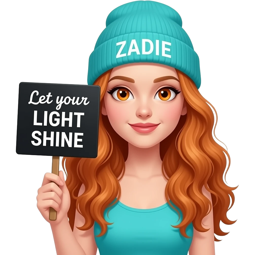 sexy girl with overlong wavy ginger hair and ginger eyes wearing a turquoise tanktop and a turquoise beanie with ZADIE written on it, is holding a black sign with Let your LIGHT SHINE written on it emoji