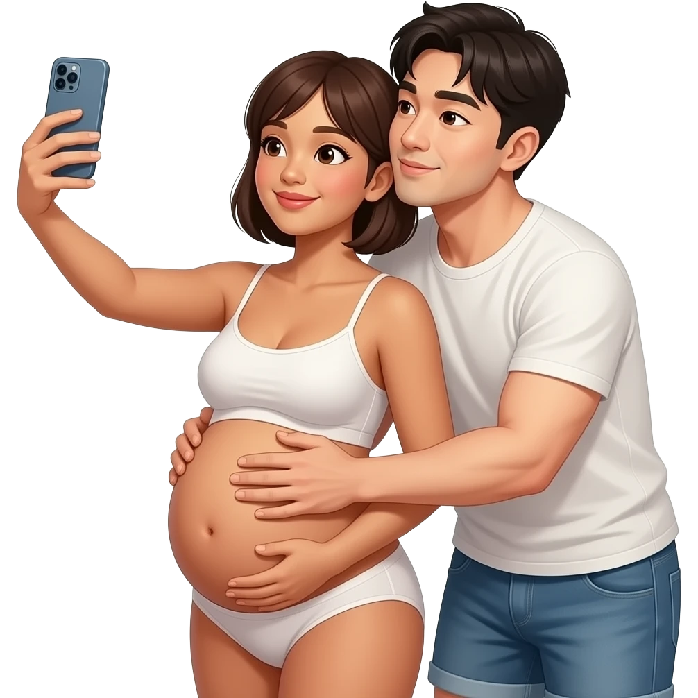 generate me a hot filipina with brown skin pregnant taking a mirror selfie with bangs and short hair with a hot korean guy with bangs hair besides her carrying her womb like doing a backhug. make them wear underwear. make the guy rest his head on the woman's shoulder like kissing her neck emoji