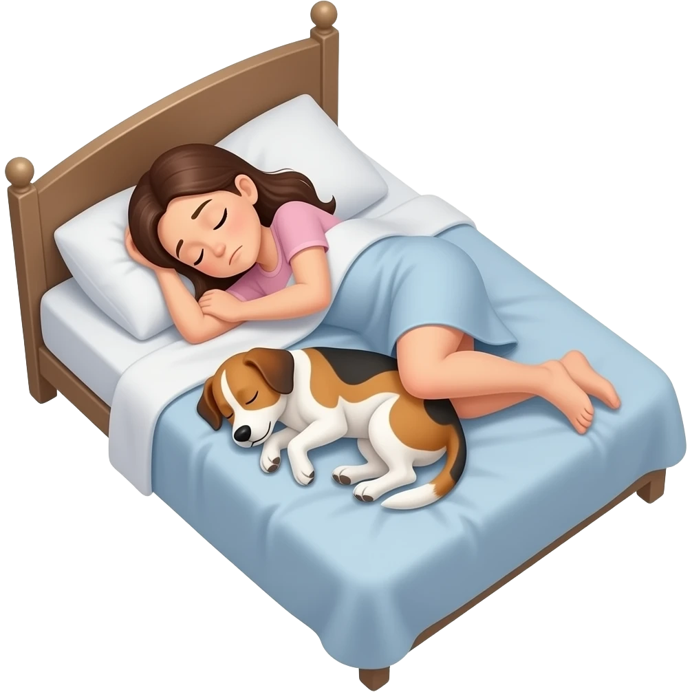 Una mujer durmiendo torcida y completamente incómoda en una esquina de la cama, casi sin espacio para ella, porque un perro mediano está profundamente dormido en el centro ocupando toda la cama. emoji