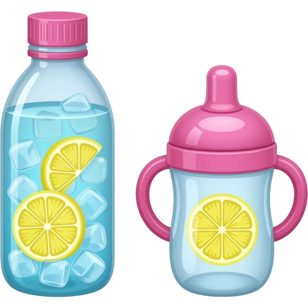 Pink water bottle with ice cold blue water with lemon slices. Sippy cup emoji