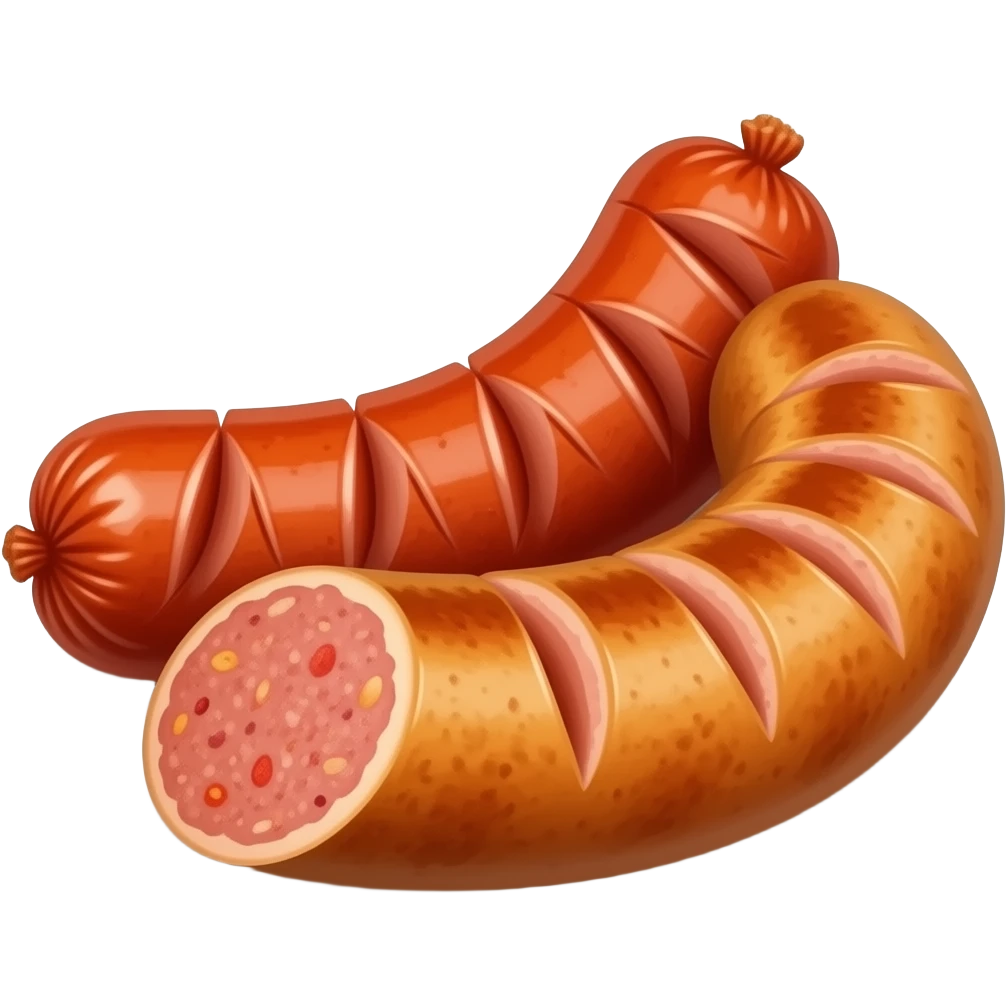 Spicy chicken chorizo, juicy chicken sausage, rich red color, slightly crispy golden exterior, visible spices like chili flakes and paprika, appetizing food emoji style, minimal clean illustration, soft lighting, centered composition, high detail, vibrant but simple design emoji