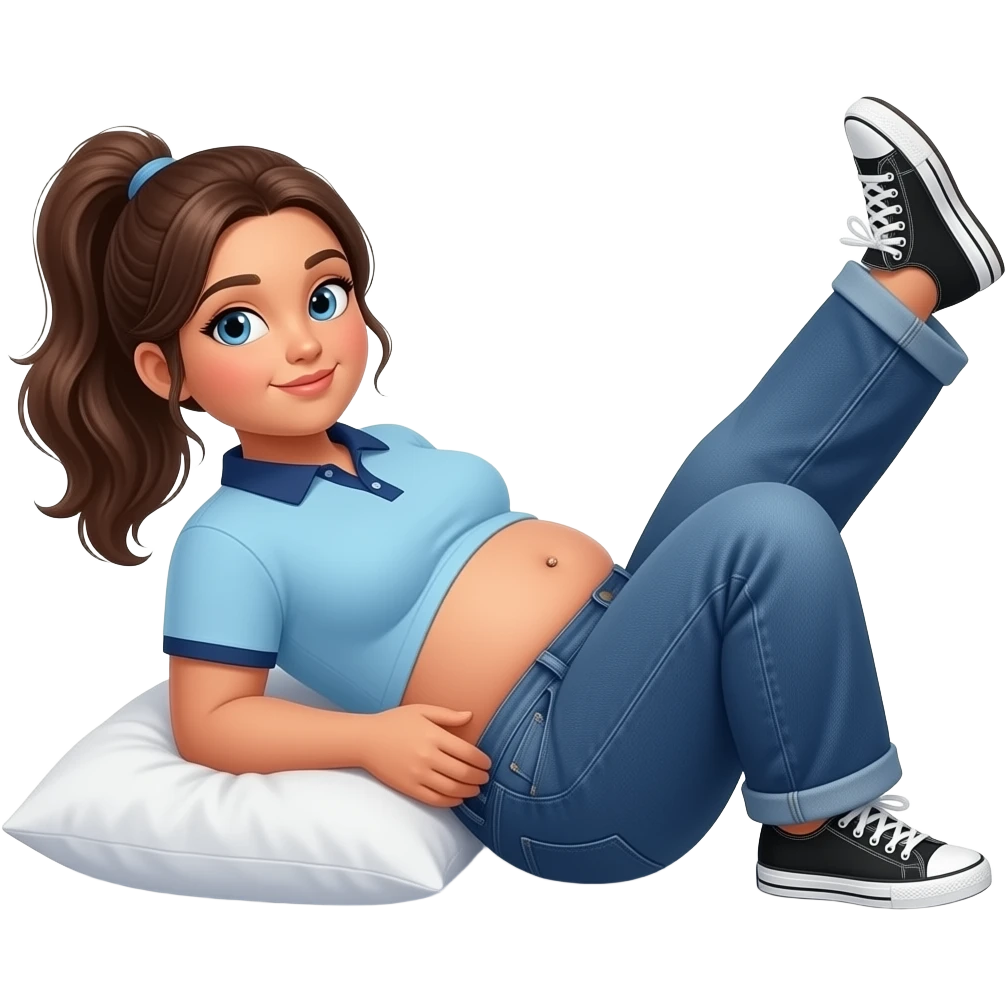 Obese Hispanic girl with brown ponytail and blue eyes light blue dark blue lined polo and dark blue baggy jeans and belly button and black and white sneakers laying down on the pillow in bed doing a belly roll with her tummy emoji