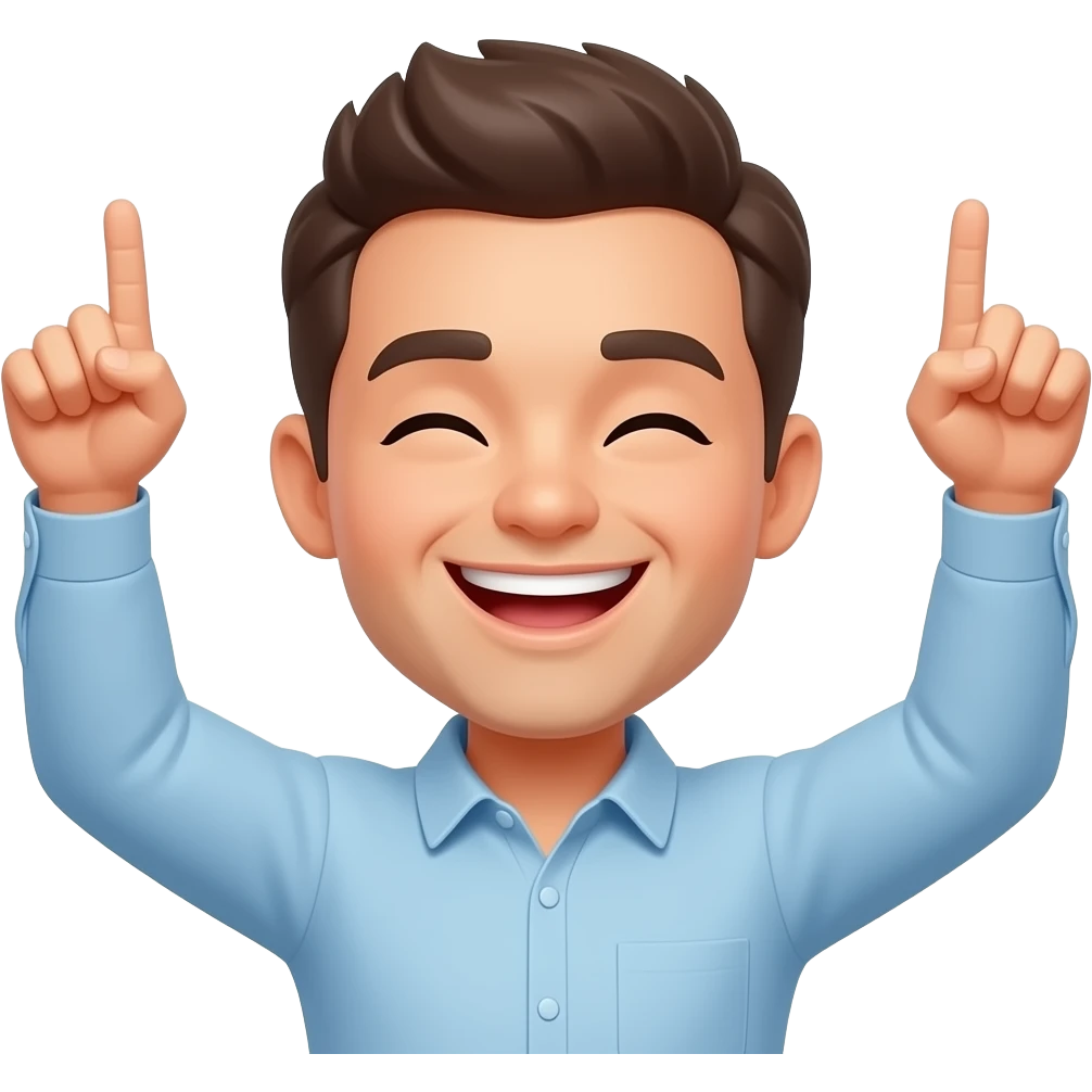 Un emoji de célébration, personnage avec les deux bras levés vers le ciel, les index pointés vers le haut, visage souriant les yeux fermés de joie, style dessin plat, contours noirs épais, fond blanc, style autocollant, art vectoriel propre et coloré. emoji
