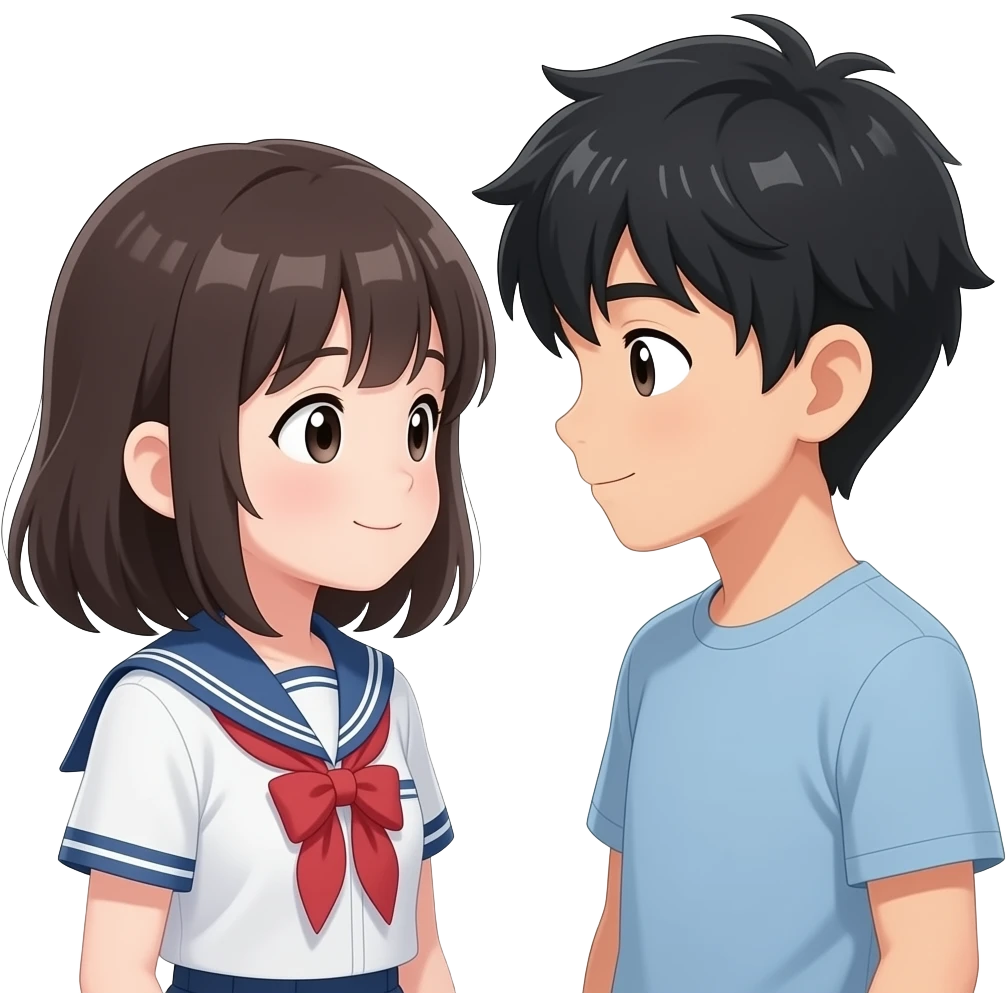 Anime girl and boy see each other nd emoji