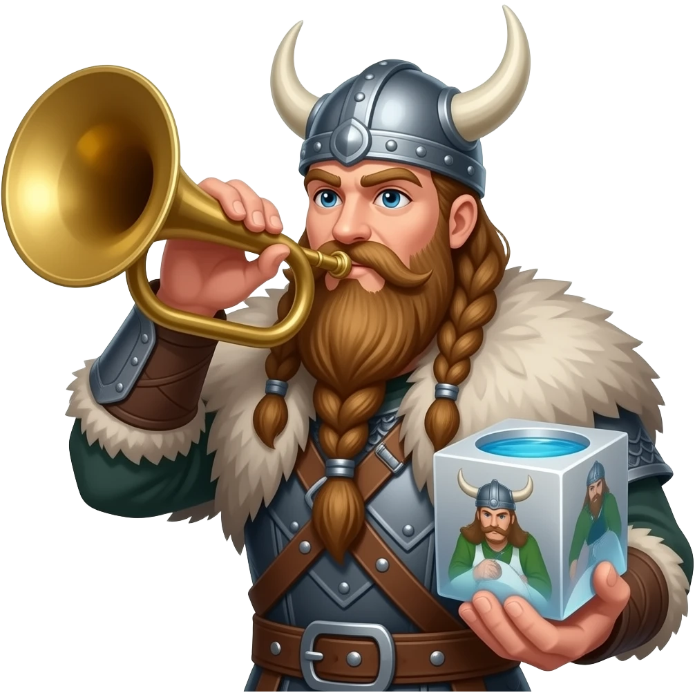 Viking blowing a large horn holding a pool cube emoji