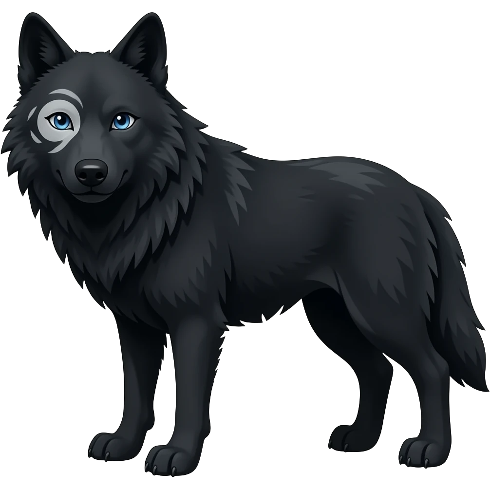 black wolf with blue eyes and greyish white markings over the left eye around the eye emoji
