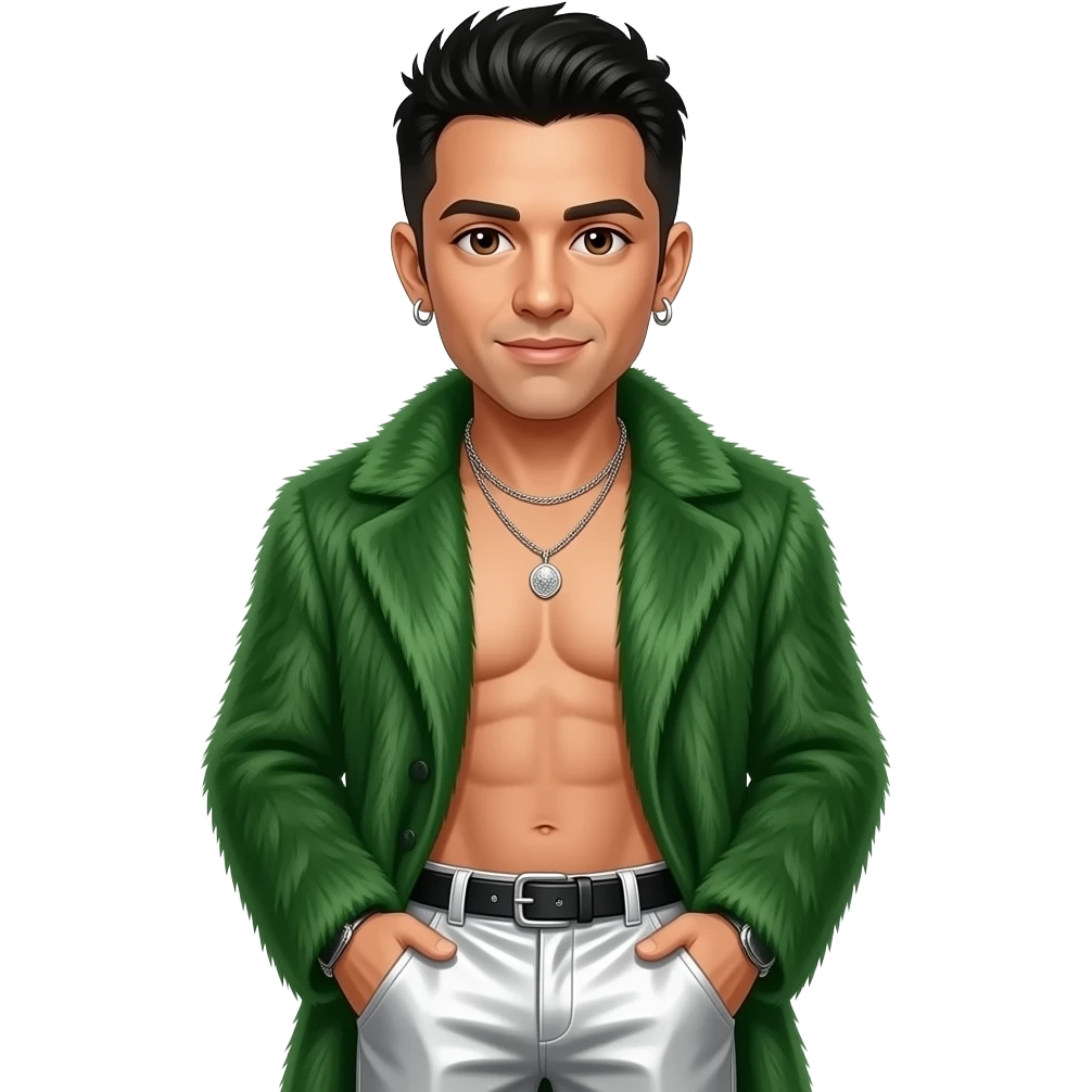 Danny Wood from NKOTB with brown eyes, black hair, green fur coat, white metallic baggy pants, shirtless with necklace and earrings emoji