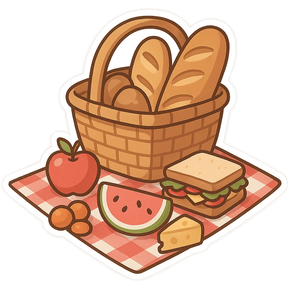 一些野餐的食物，一个餐篮子，里面放着许多面包 emoji
