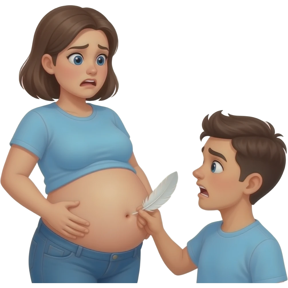 A girl with a huge bloated belly,now faces a battle with a feather that wants to tickle her bellybutton. emoji