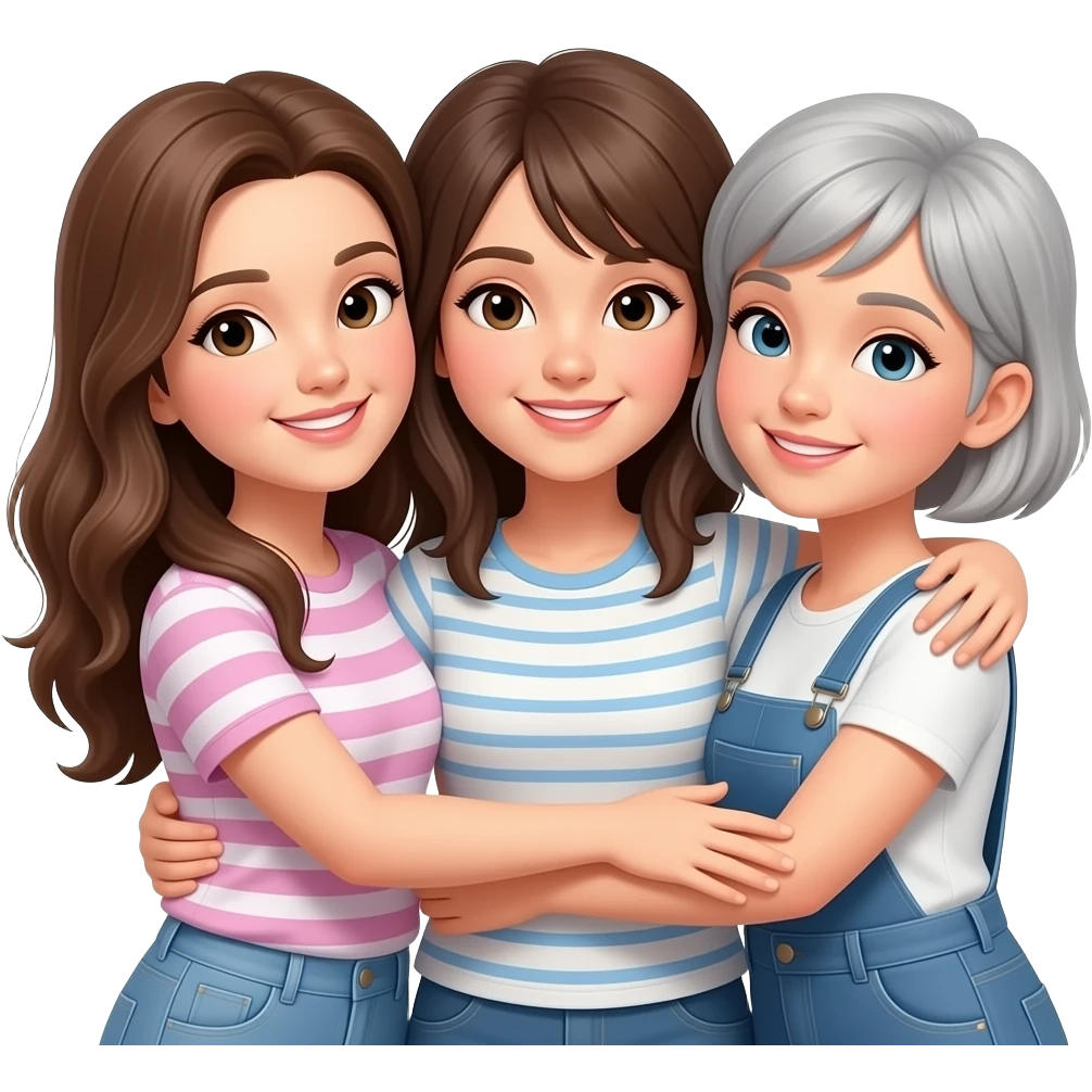 3 sisters all same height 1 long brunette hair,  1 shaggy hair to shoulders 1 grey short hair all hugging emoji