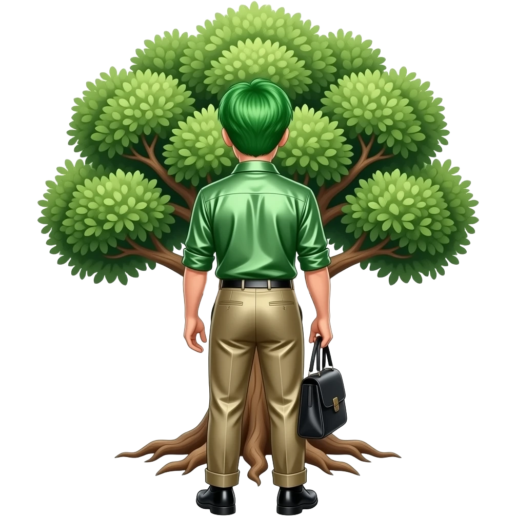 The Tree of Wisdom from behind with green leave wig, green metallic dress shirt, khaki metallic baggy pants, black dress shoes emoji