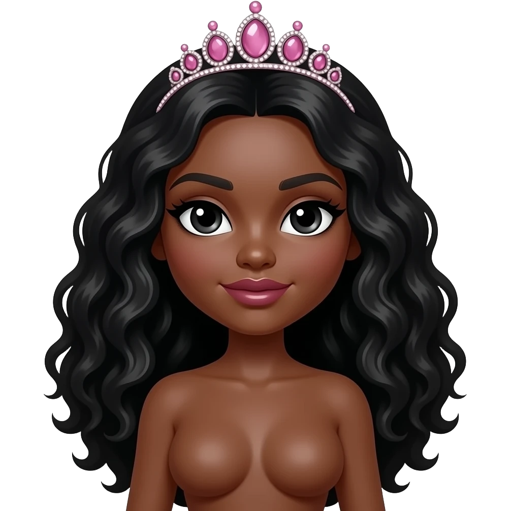 Doll face shaped, big lips, pink tiara, doll eyes, Doll, big chest, dark brown skin, with middle part curly long black hair, black cute eyes, with cute lip, without no bra emoji