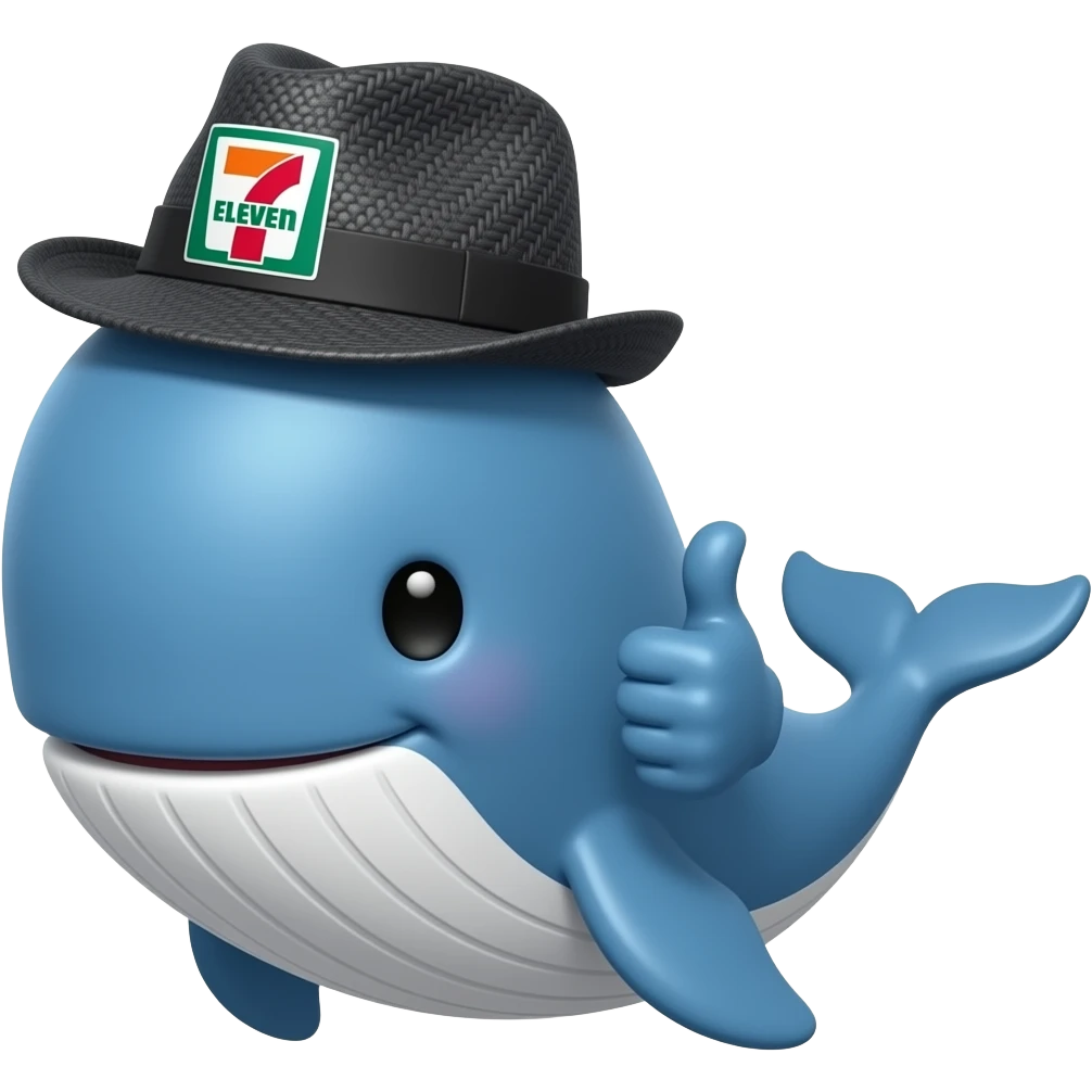 cartoonish blue Whale wearing a 7-eleven branded black and grey fedora with one flipper showing a big thumbs up emoji