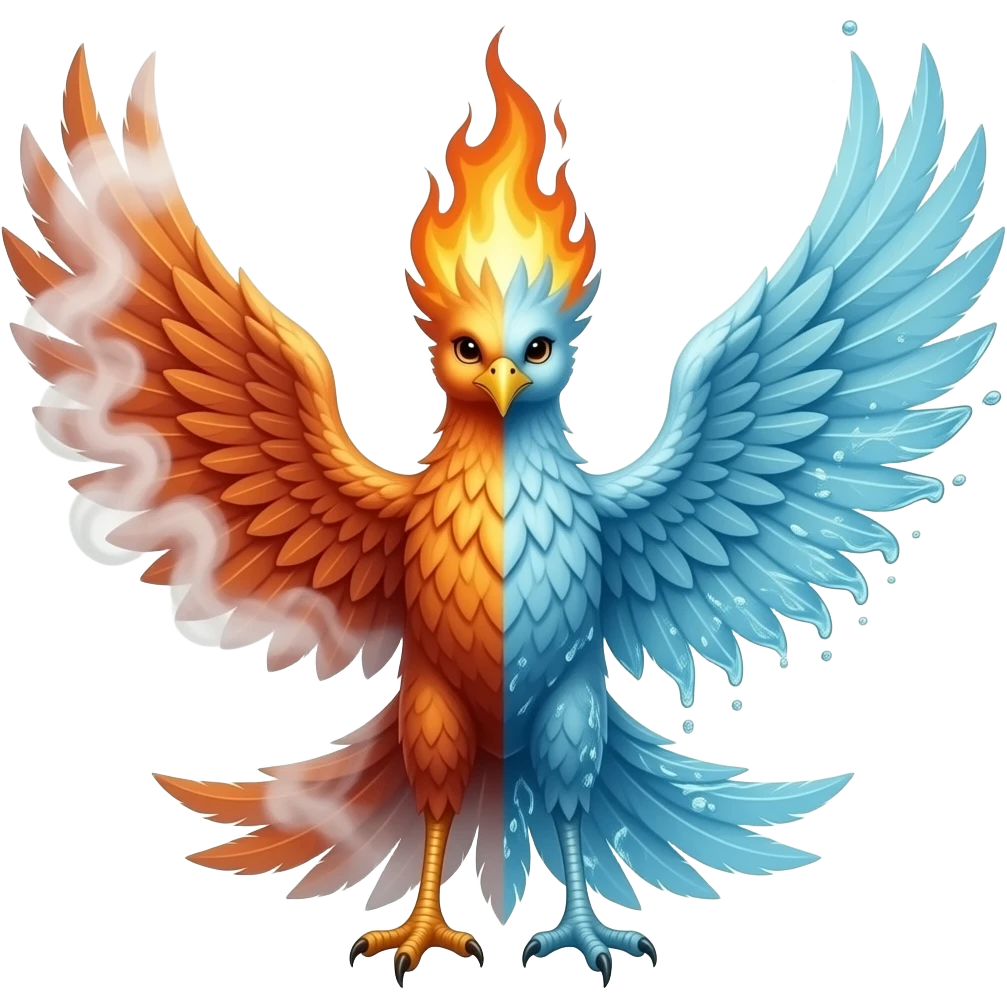 A realistic phoenix made of smoke on the left side and water on the other side facing the camera. no fire emoji