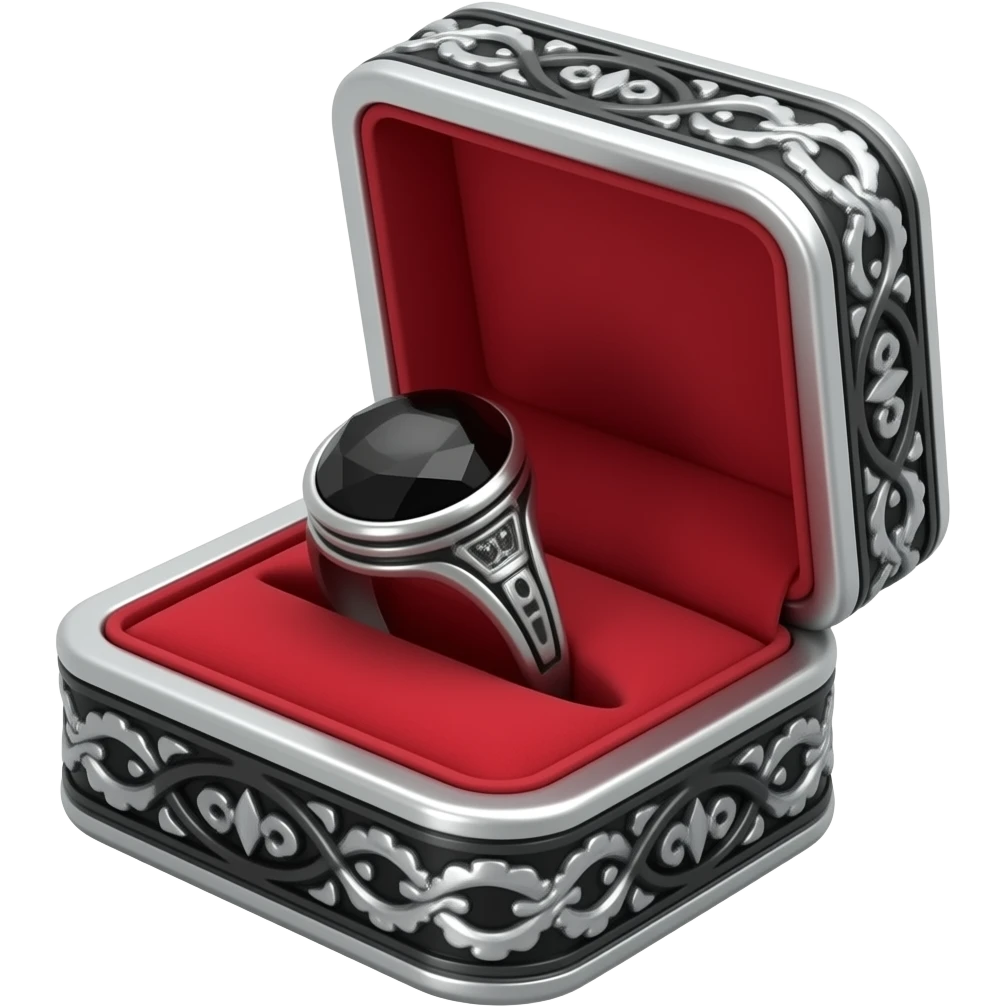 black Onyx ring in a silver box with Black ornate trim and red interior emoji