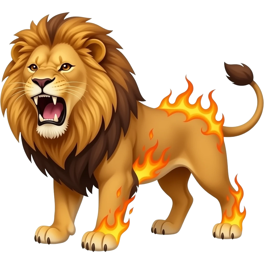 A fiery lion roaring at the camera with flames coming off its body emoji