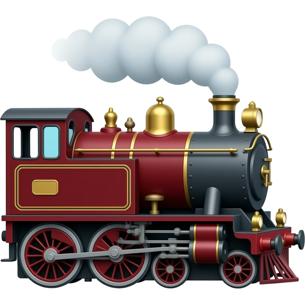 side view of a maroon steam train, classic emoji style, floating emoji