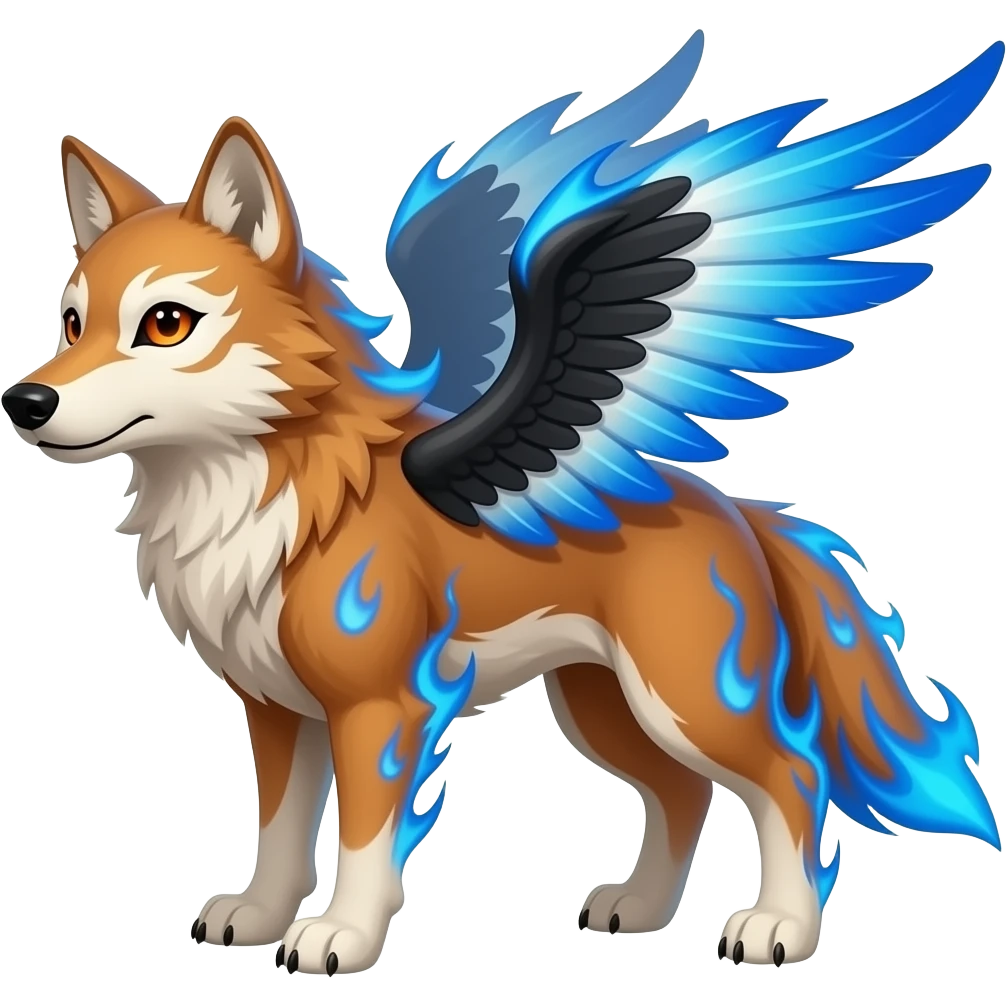 russet wolf with orange eyes, a white marking over the left eye, black, white and blue wings and blue flames over the fur emoji
