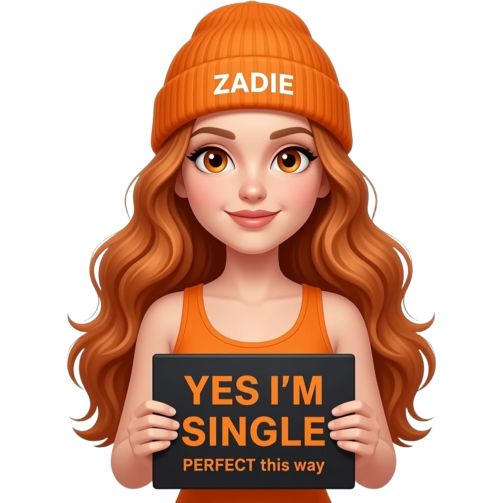 sexy girl with overlong wavy ginger hair and ginger eyes wearing a orange tanktop and a orange beanie with ZADIE written on it, is holding a black sign with YES I'M SINGLE and PERFECT this way written on it emoji