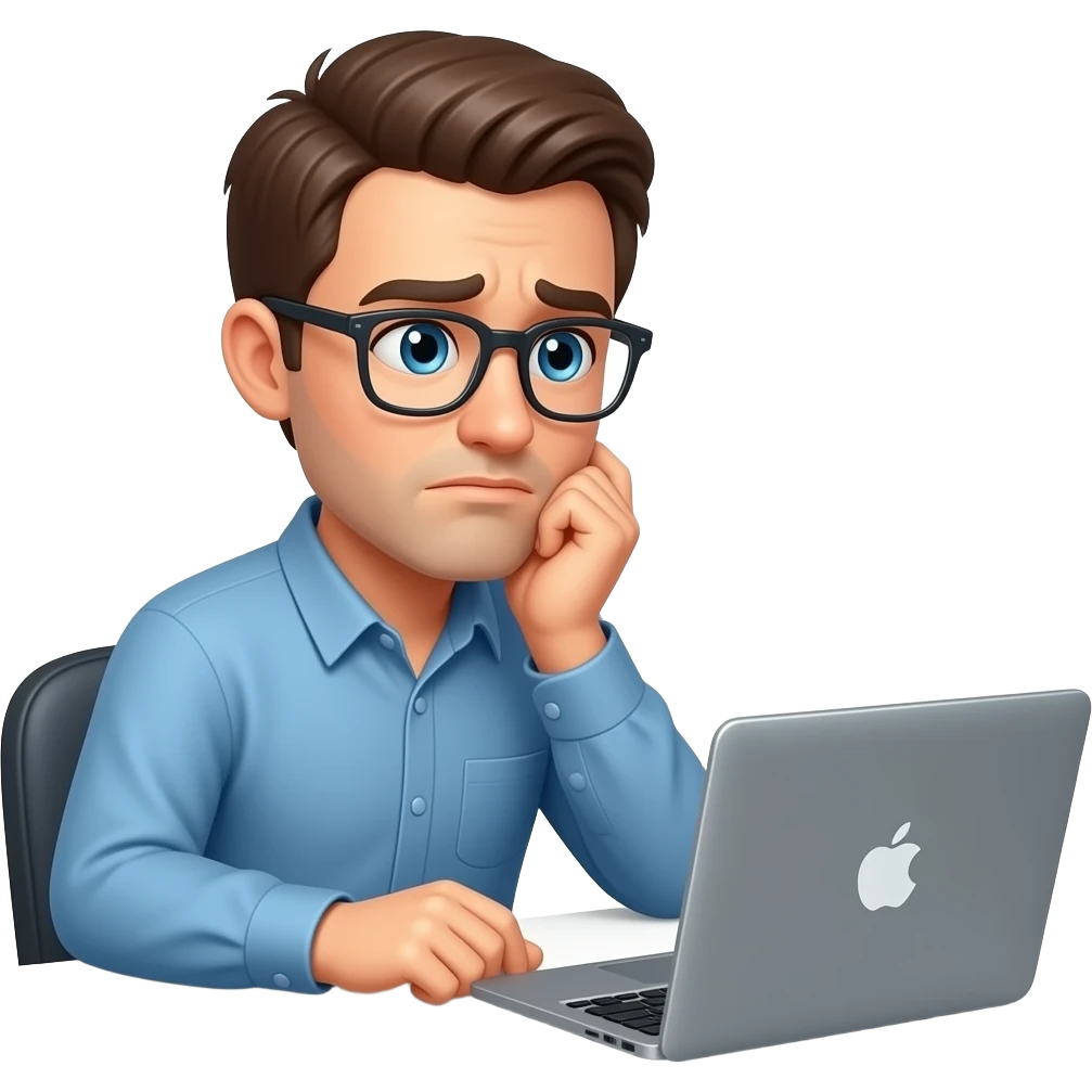 confused man trying to understand, while sits on a desk with a macbook by his side emoji