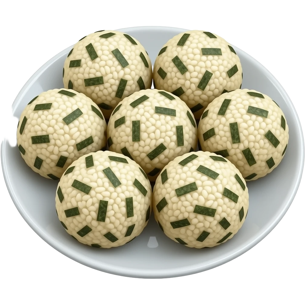 many perfect round type riceballs(not onigri) covered in shredded seaweed flakes on dish emoji