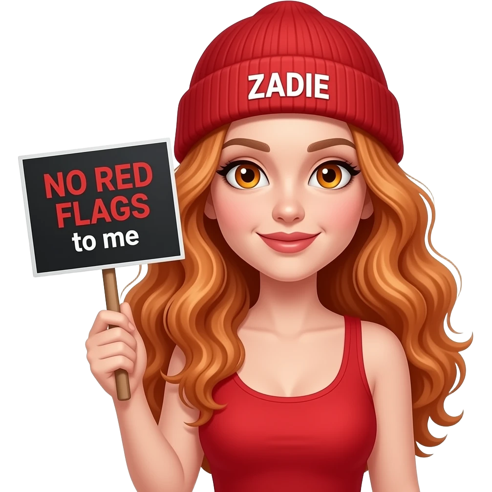 sexy girl with overlong wavy ginger hair and ginger eyes wearing a red tanktop and a red beanie with ZADIE written on it, is holding a black sign with NO RED FLAGS to me written on it emoji